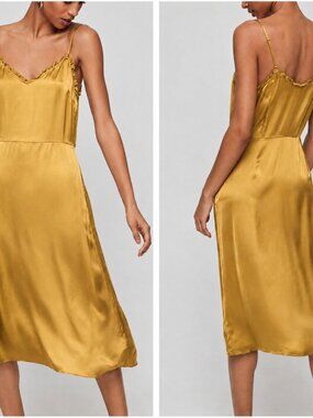 Aritzia Wilfred Mille Slip Midi Dress Ruffle Neckline Cairo Gold Size 00